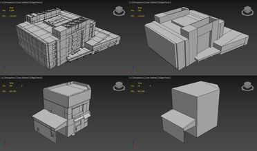 Comparison between main and LOD meshes for a large and small building.