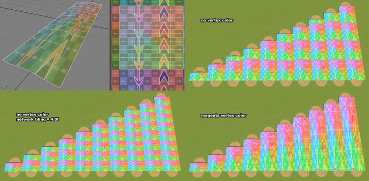 A road mesh, its uv mapping, and how it appears ingame using tiling or vertex color